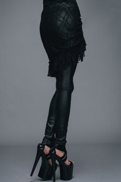 Black Rose Lace Mesh Outer Skirt Gothic Faux Leather Womens Pants