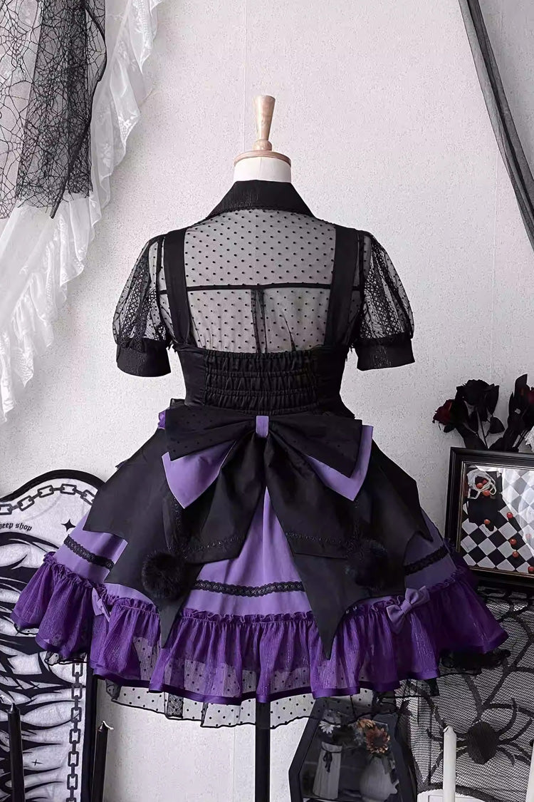 Black/Purple [Cotton Cloud] Lapel Collar Ruffle Bowknot Lace-Up Gothic Lolita Jsk Dress