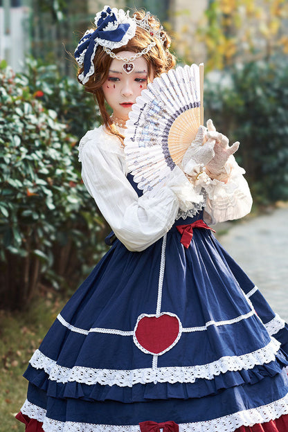 Blue Lace Stitching High Waisted Bowknot Ruffled Sweet Lolita Jsk Dress