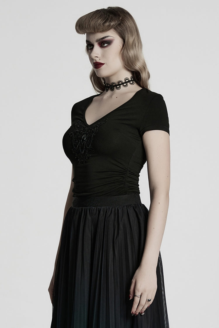 Black Short Sleeves Jacquard Floral Embroidery Women's Gothic Blouse