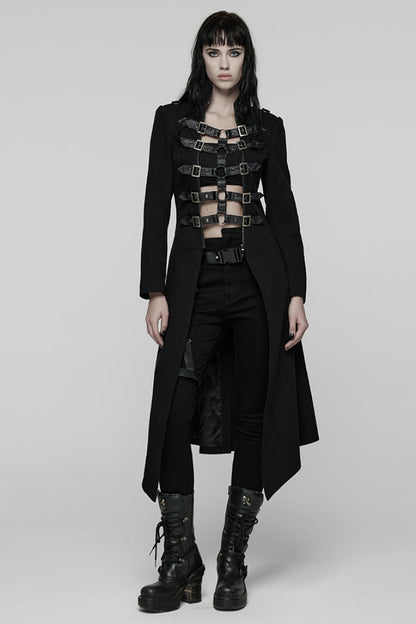 Black Stand Collar Long Sleeves Lace-Up Mesh Buckle Women's Punk Coat