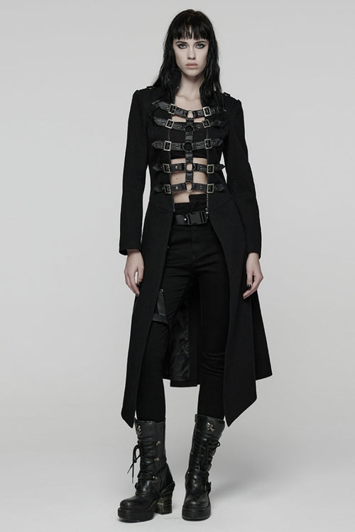 Black Stand Collar Long Sleeves Lace-Up Mesh Buckle Women's Punk Coat