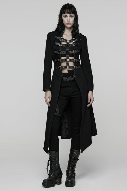 Black Stand Collar Long Sleeves Lace-Up Mesh Buckle Women's Punk Coat