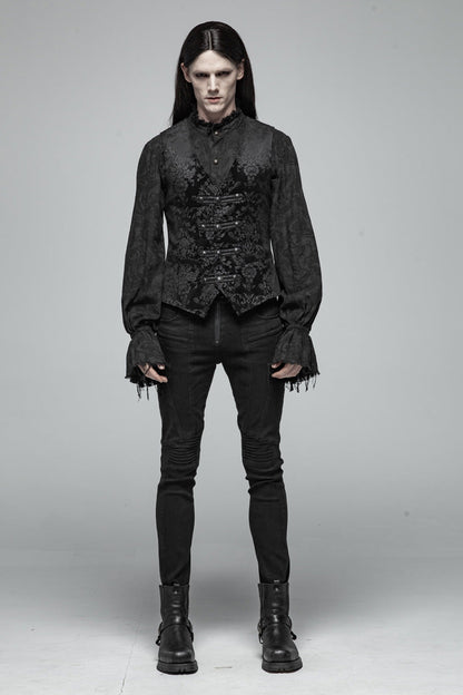 Black Retro Jacquard Front Woven Strap Metal Button Men's Gothic Vest