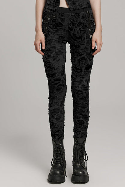 Slim Ripped Eyelet Chain Women's Steampunk Leggings 2 Colors