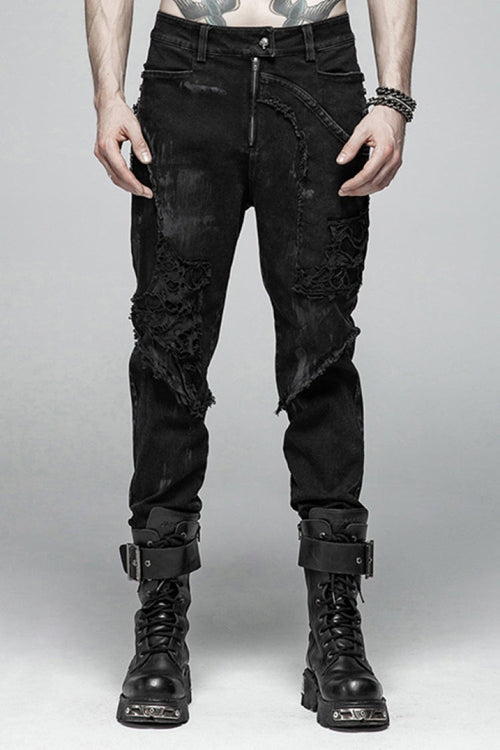 Black Ripped Men's Steampunk Straight-Leg Jeans Pants