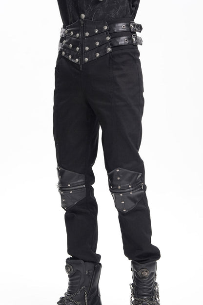 Black Stitching Buckle-up Studs Men's Gothic Pants