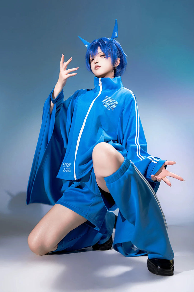 Blue [Network Error] Stand Collar Long Trumpet Sleeves Ouji Gothic Functional Style Japanese Prince Lolita Coat Shorts Set