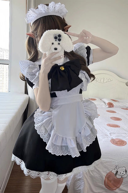 Maid Short Sleeves Ruffle Bowknot Sweet Plus Size Lolita Dress Full Set 2 Colors