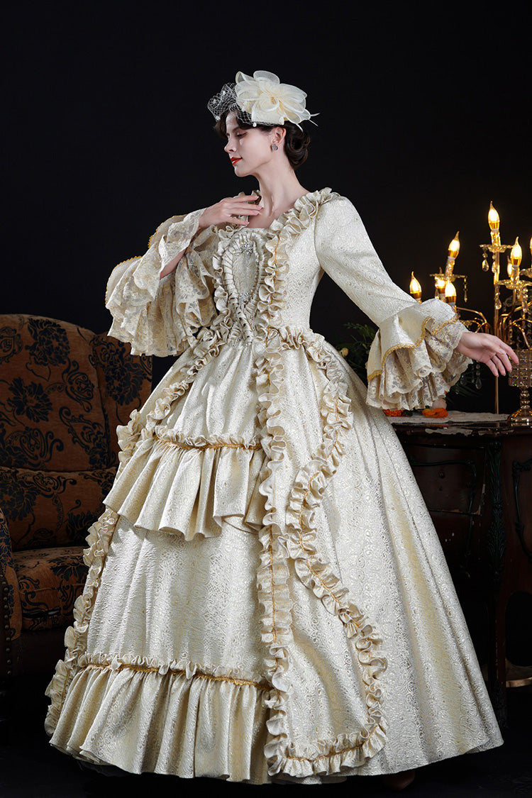 Champagne Square Collar Long Trumpet Sleeves Double-Layered Ruffled Open-Front Classic Vintage Palace Lolita Victorian Dress