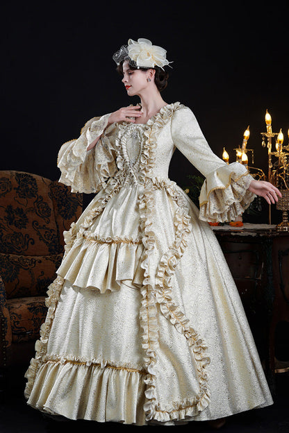 Champagne Square Collar Long Trumpet Sleeves Double-Layered Ruffled Open-Front Classic Vintage Palace Lolita Victorian Dress