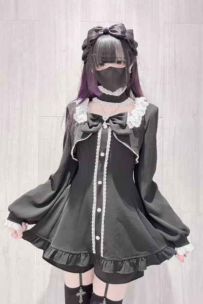 Black [Twilight Prelude] Long Sleeves Ruffled Bow Lace Jirai Kei Japanese Dress and Shorts Set