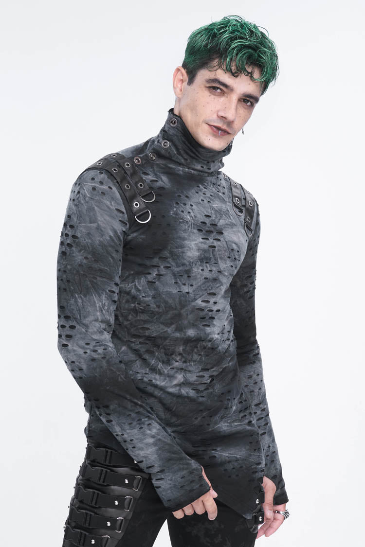 Grey/Black Lrregular Ripped Stand Collar Men's Punk Shirt