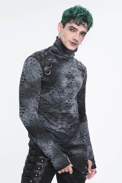 Grey/Black Lrregular Ripped Stand Collar Men's Punk Shirt