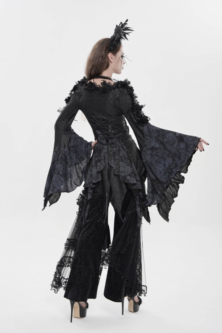 Black V Collar Long Trumpet Sleeves Printed Slim Women's Gothic Rose Feather Gorgeous Blouse