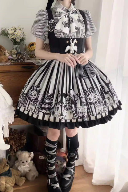 Black/White [A Weird Christmas] Sleeveless Printed Ruffled Gothic Lolita JSK Dress