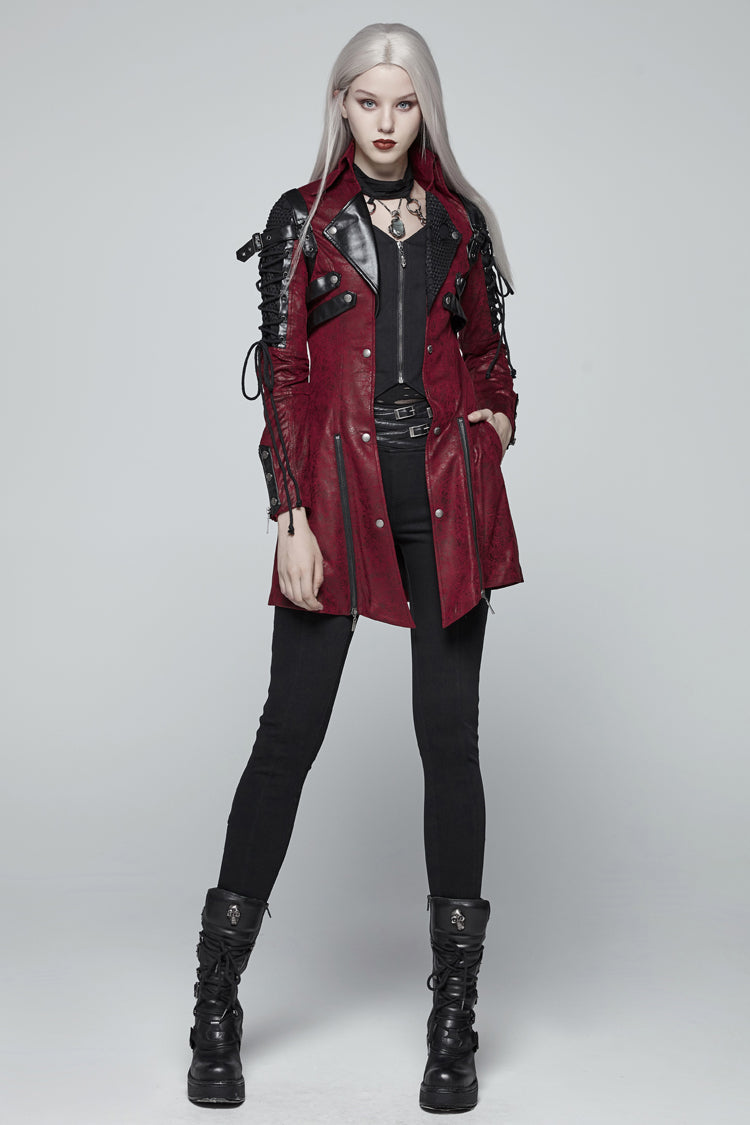 Red Metal Buckle Decoration Zipper Womens Steampunk Windbreaker Coat