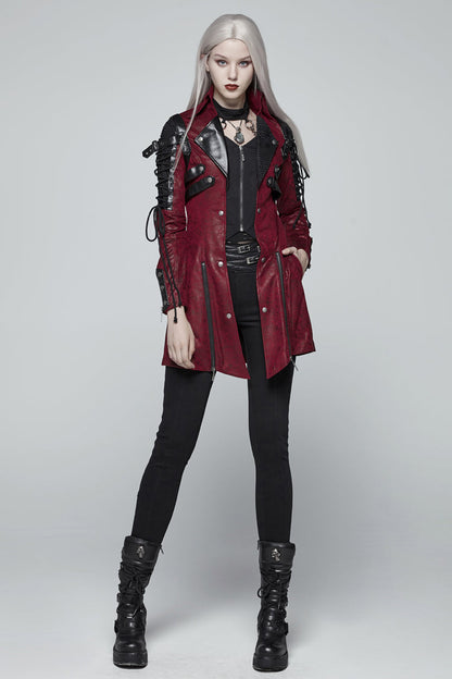 Red Metal Buckle Decoration Zipper Womens Steampunk Windbreaker Coat