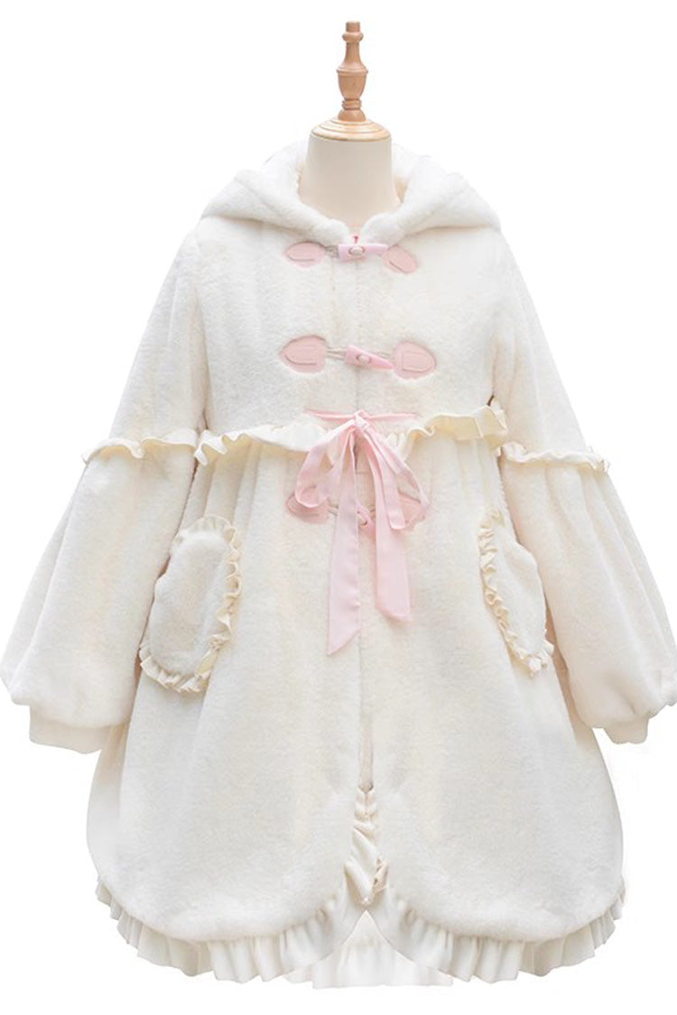 Ivory Long Ears Rabbit Ruffle Bowknot Hooded Daily Sweet Lolita Coat