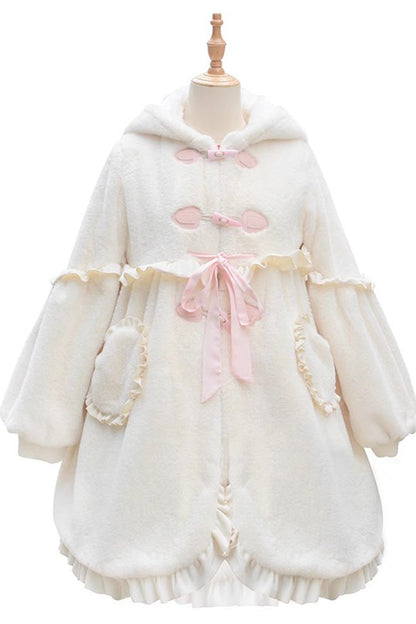 Ivory Long Ears Rabbit Ruffle Bowknot Hooded Daily Sweet Lolita Coat