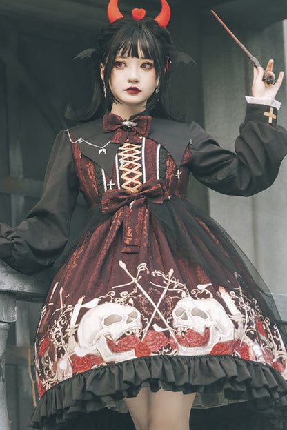 Black/Red Lapel Collar Long Sleeves High Waisted Printed Gothic Lolita OP Dress