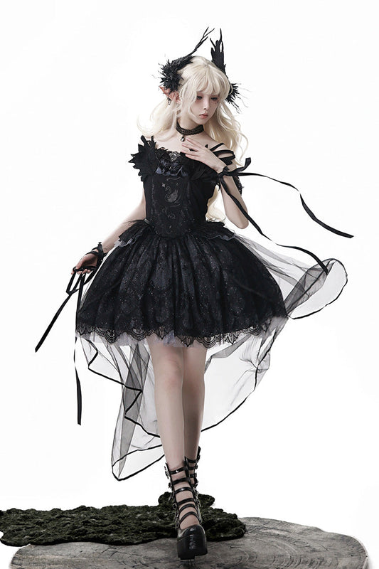 Black [Black Swan's Prayer] Sleeveless Ruffle Bowknot Gothic Ballet Lolita Jsk Dress