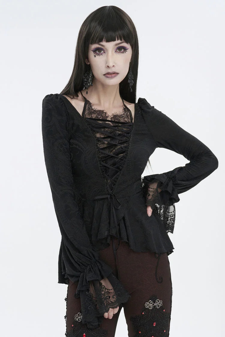 Black Ruffled Lace Splice Women's Gothic Shirt