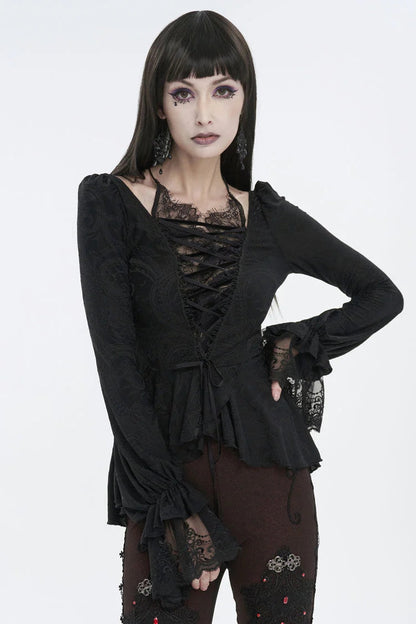 Black Ruffled Lace Splice Women's Gothic Shirt