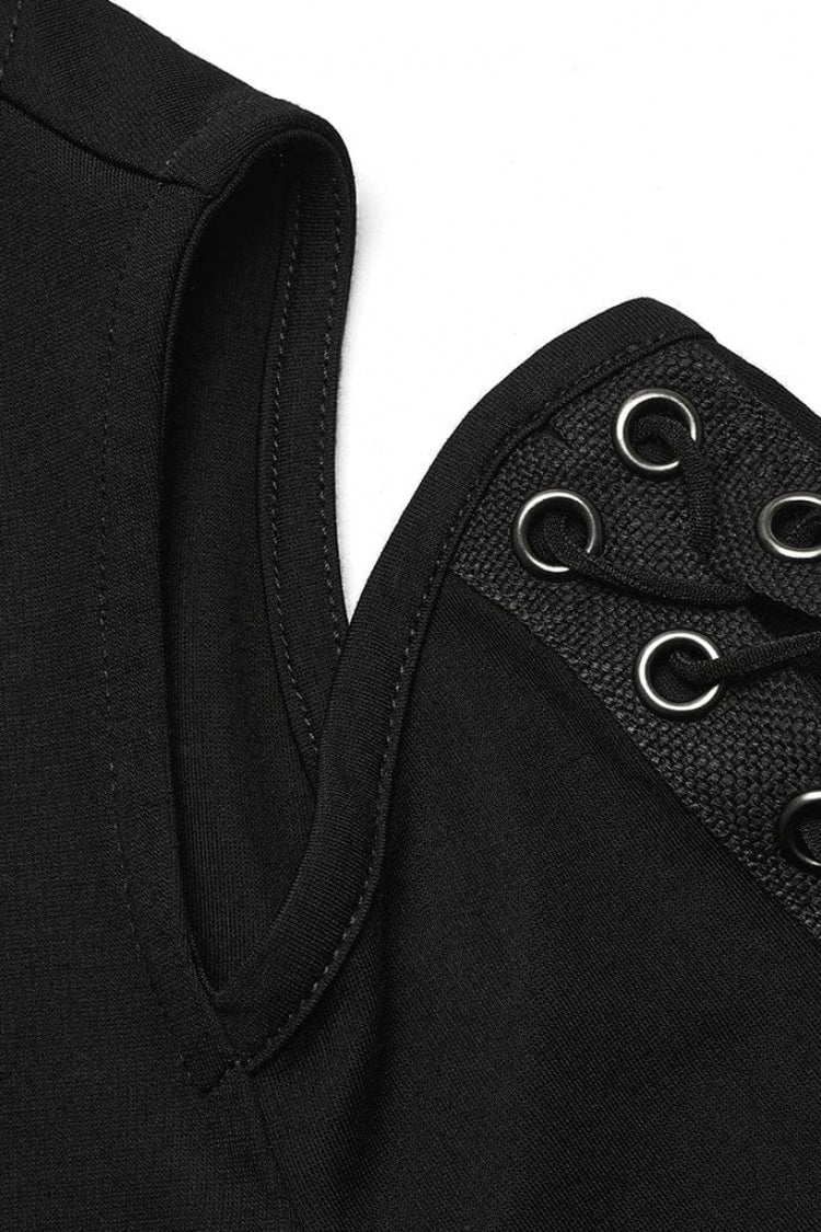 Black V Collar Off Shoulder Long Sleeves Hollow Tie Rope Womens Steampunk T-Shirt