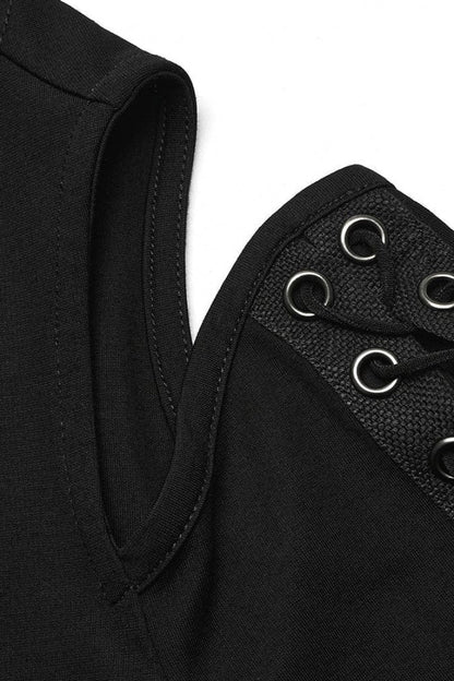 Black V Collar Off Shoulder Long Sleeves Hollow Tie Rope Womens Steampunk T-Shirt