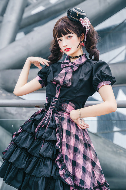 Black/Purple Short Sleeves Multi-Layered Print Ruffle Cardigan Bowknot Asymmetric Sweet Lolita Skirt Set