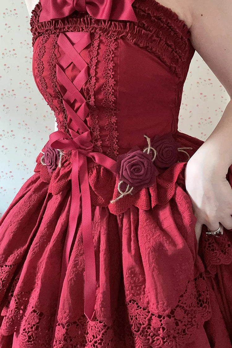 Wine Red [Forest Waltz] Embroidery Bowknot Lace-Up Slim Sweet Elegant Lolita Suspender Top