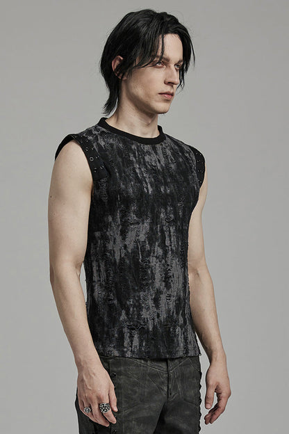 Black/Grey Round Collar Sleeveless Print Ripped Distressed Eyelet Men's Gothic Tank Top
