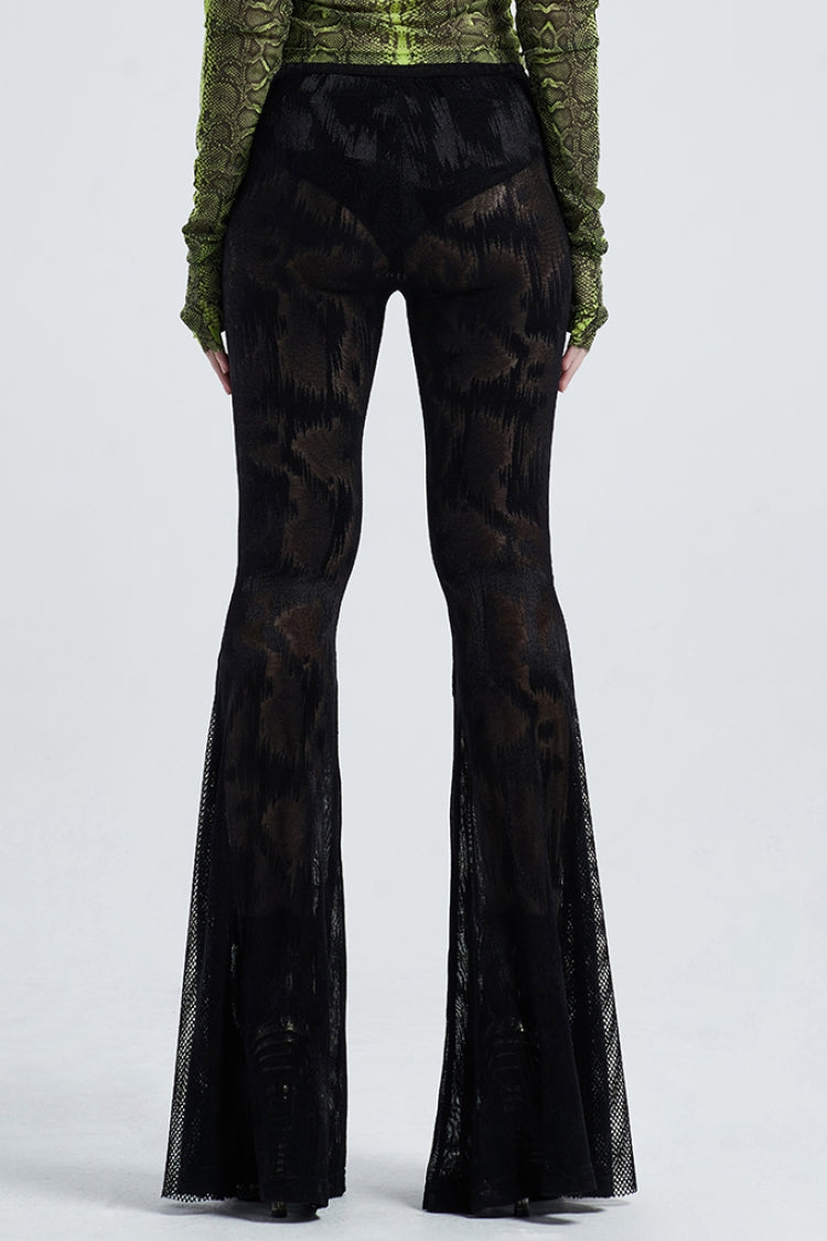 Black Python Print Mesh Women's Gothic Flared Pants