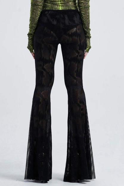 Black Python Print Mesh Women's Gothic Flared Pants