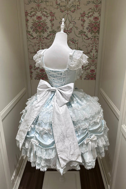 Blue [Silk Satin Gift Box] Square Collar Sleeveless Multi-Layered Ruffled Bow Lace Sweet Lolita Jsk Dress