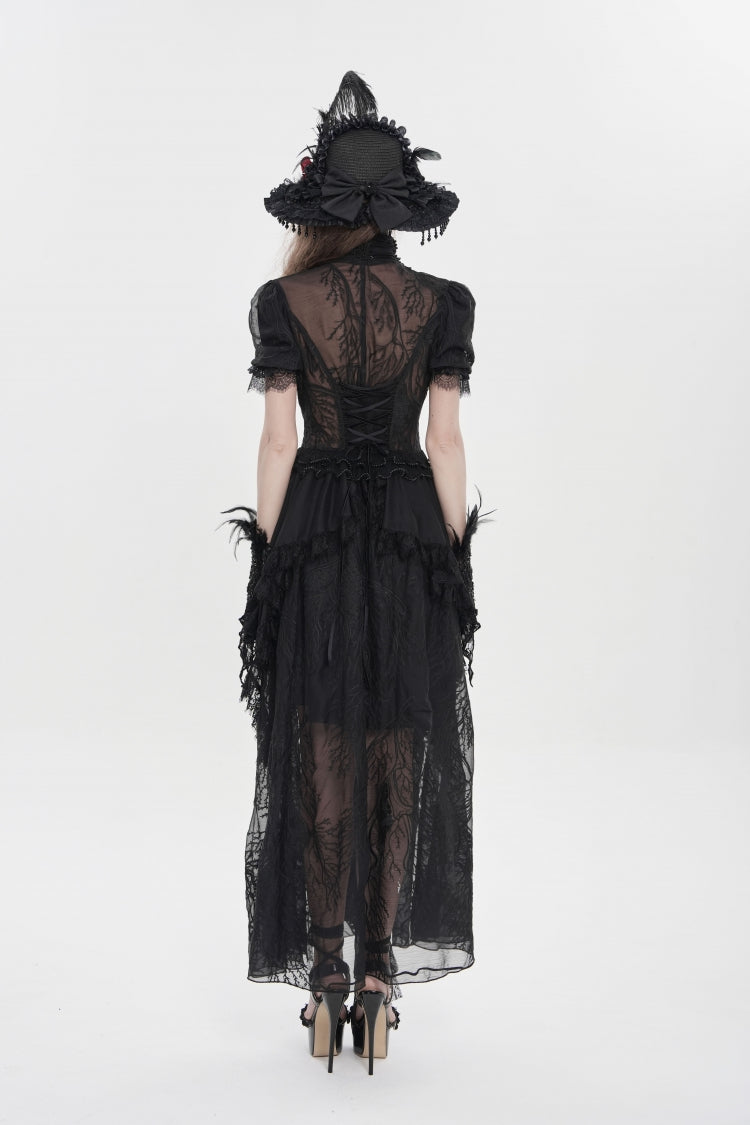 Black V Collar Short Sleeves Hanayome Lace Women's Gothic Wedding Dress