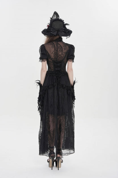 Black V Collar Short Sleeves Hanayome Lace Women's Gothic Wedding Dress