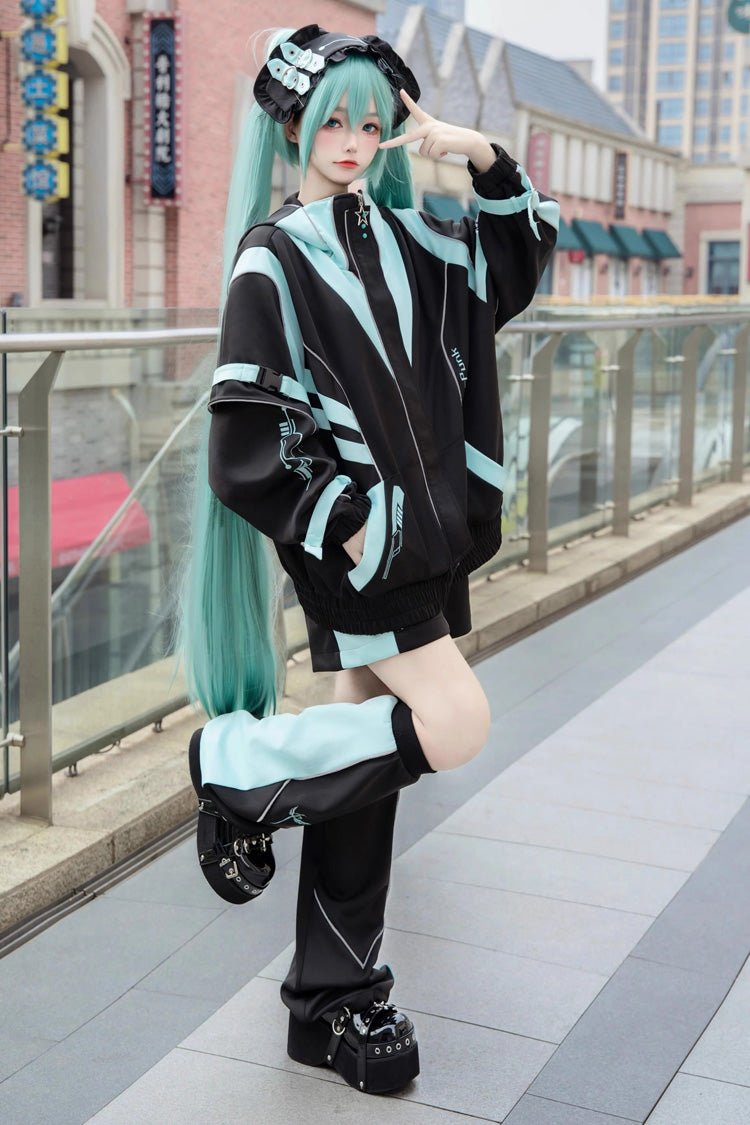 Black/Blue [Cyber Phantom] Hatsune Miku Long Sleeves Print Jirai Kei Cool Coat