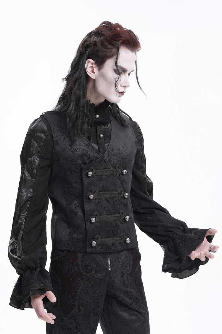Black Sleeveless Floral Print Buckle-up Men's Gothic Vest