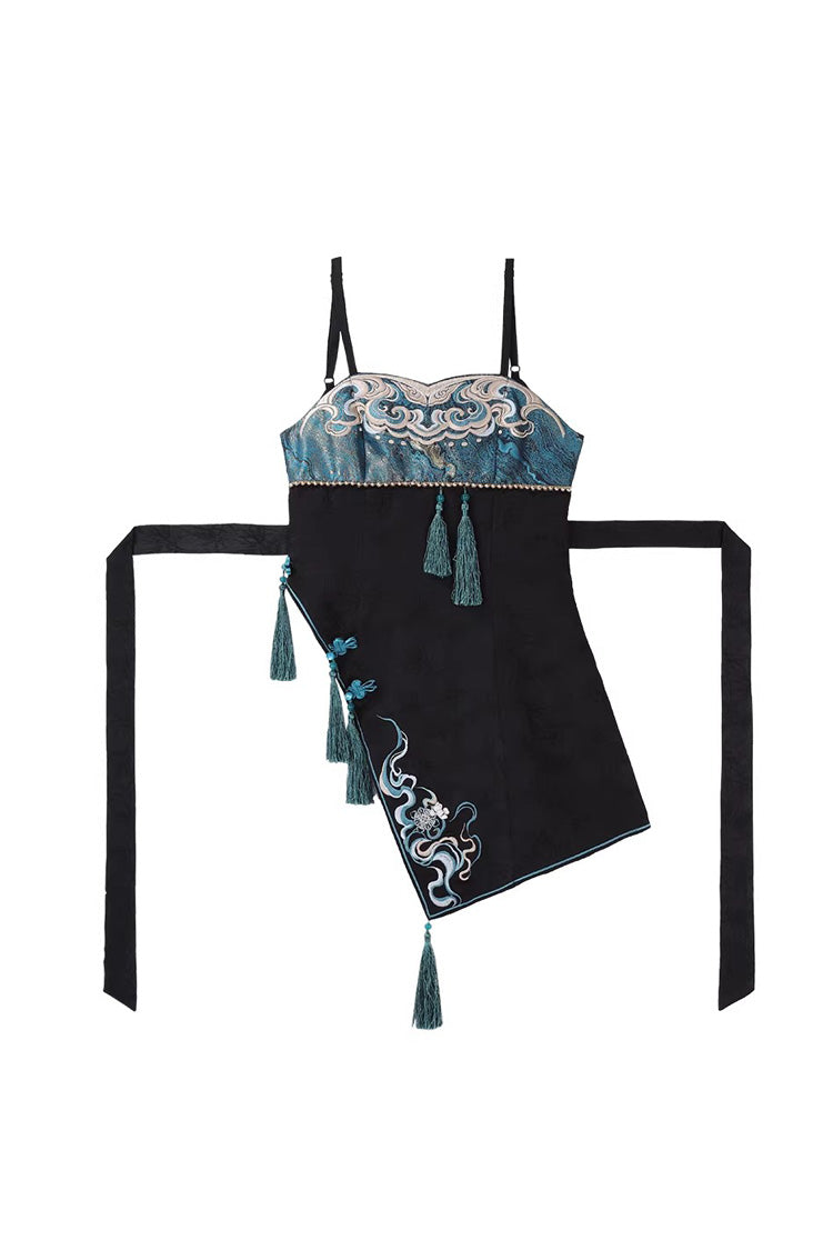 Black/Blue [Misty Teal] Long Sleeves Ruffled Cut-Out Embroidered Asymmetric Chinese Style Classic Lolita Jsk Dress Set