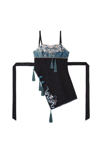 Black/Blue [Misty Teal] Long Sleeves Ruffled Cut-Out Embroidered Asymmetric Chinese Style Classic Lolita Jsk Dress Set