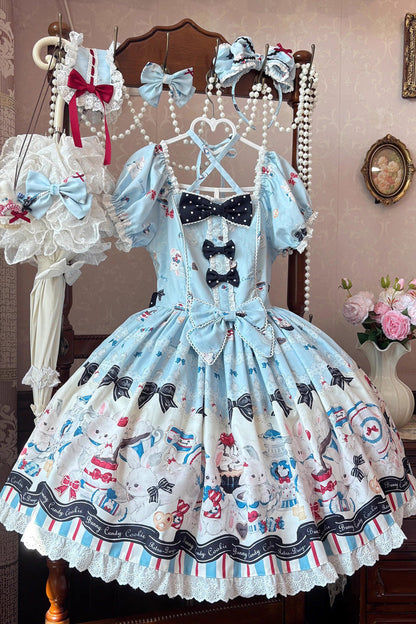 Blue [Mystery Rabbit Tea Party] Square Collar Short Sleeves Print Ruffle Bowknot Lace Sweet Lolita Dress
