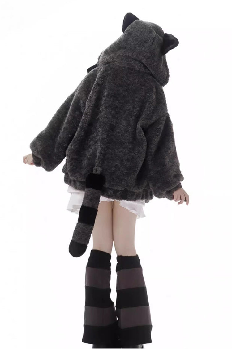 Black/Grey [Little Hibernating Bear] Long Sleeves Hooded Zippered Sweet Lolita Coat and Skirt Set