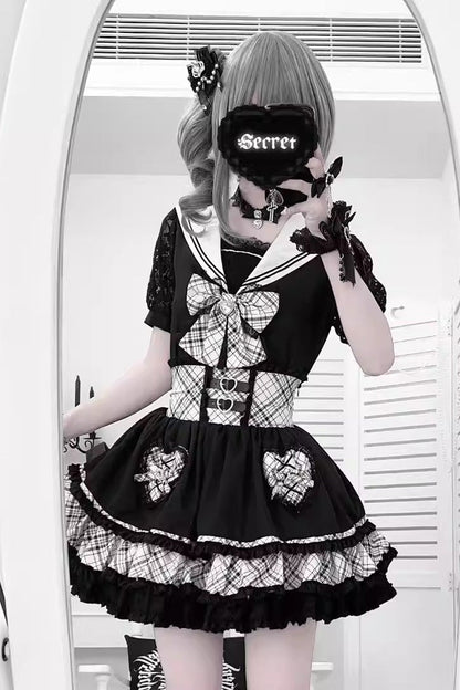 Black/White Navy Collar Short Sleeves Printed Ruffled Bow Jirai Kei Japanese Skirt and Blouse Set