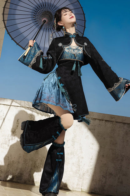 Black/Blue [Misty Teal] Long Sleeves Ruffled Cut-Out Embroidered Asymmetric Chinese Style Classic Lolita Jsk Dress Set
