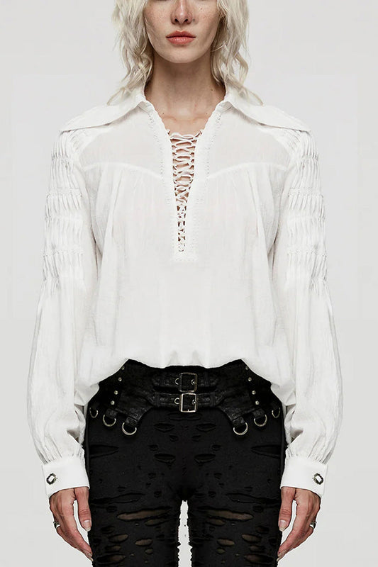 Women's Turn-down Collar Long Sleeves Lace Ruched Gothic Blouse 2 Colors