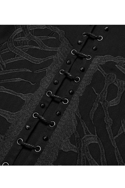 Black Punk Stand Collar Skeleton Embroidery Frenulum Metal Rivet Zippe Slim Fit Mid Length Men's Coat