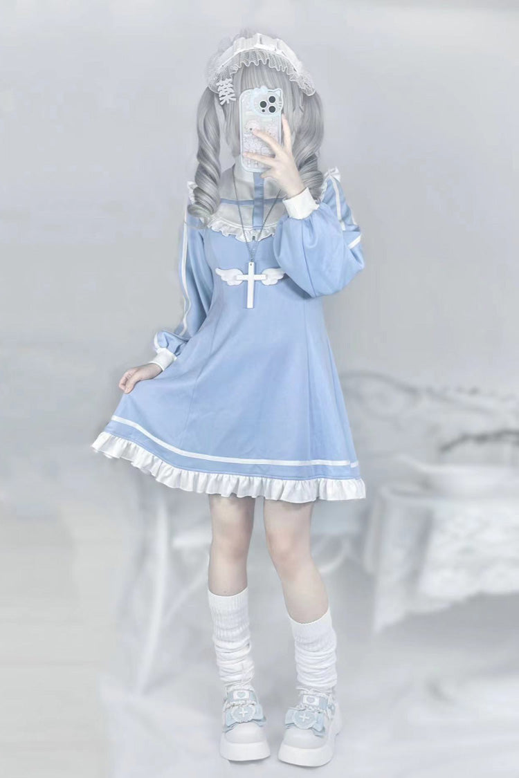 Blue Cross Angel Long Sleeves Ruffle Sweet Jirai Kei Japanese Dress