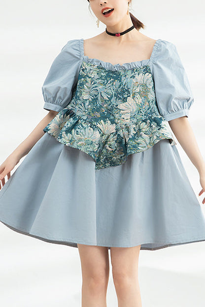 Blue Square Collar Ruffled Oil Painting Patchwork Short Sleeves High Waisted Sweet Lolita Dress